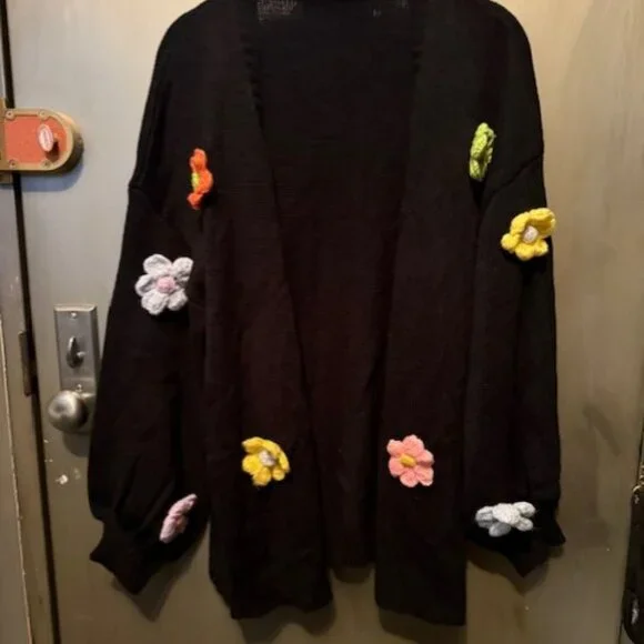 Retro Boho Floral Patched Drop Shoulder Open front Sweater Cardigan - NWOT - Picture 3 of 16